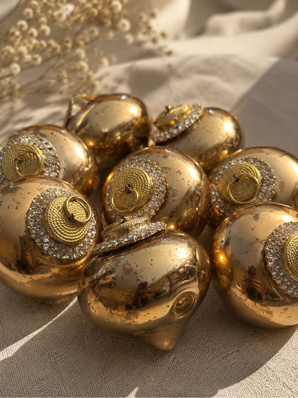 Vintage Gold Rhinestone Christmas Ornaments Set of 8 Glam Holiday Decor